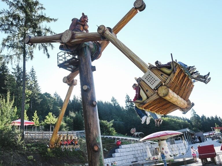 Gäste vergnügen sich auf der Superschaukel im Erlebnispark "Edelwies" in Neukirchen.